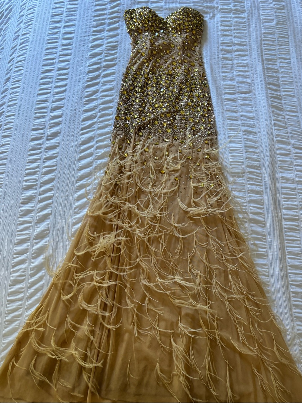Gold Beaded Strapless Feathered Gown
